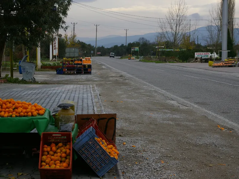 Havran'da yol kenarında portakal ve zeytin ürünleri satan bir tezgah