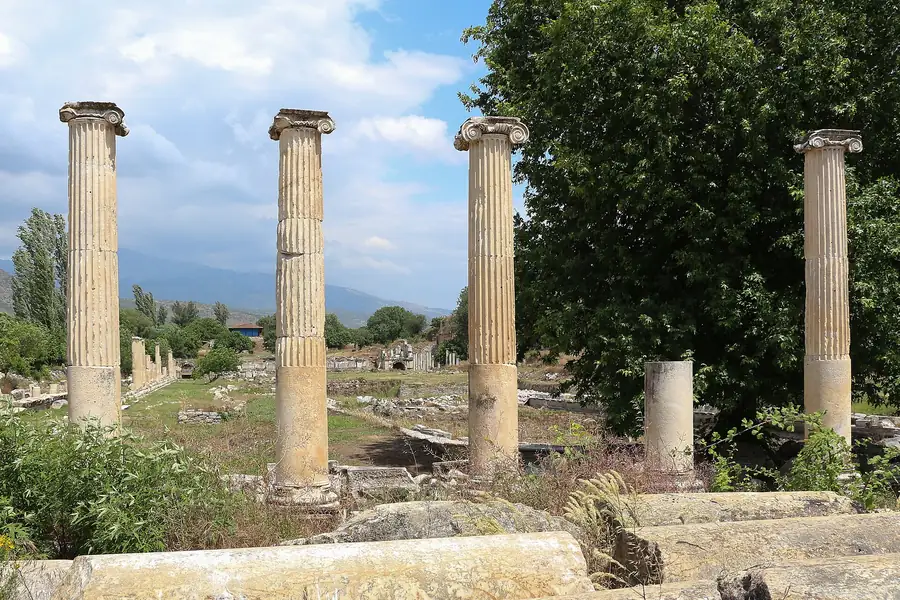 Afrodisias Antik Kenti'nde Tiberius Portikosu'nun ayakta kalan sütunları, Geyre