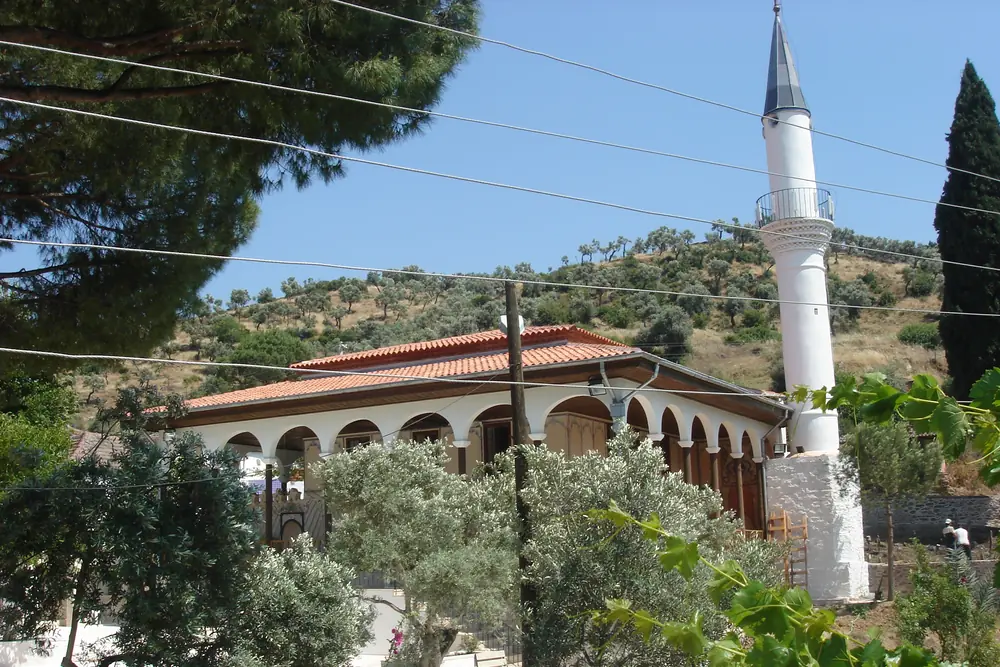 Cincin (Koçarlı) mahallesinde tarihi Cihanoğlu Camii'nin dış cephesi ve minaresi, arkada zeytinlikli yamaç
